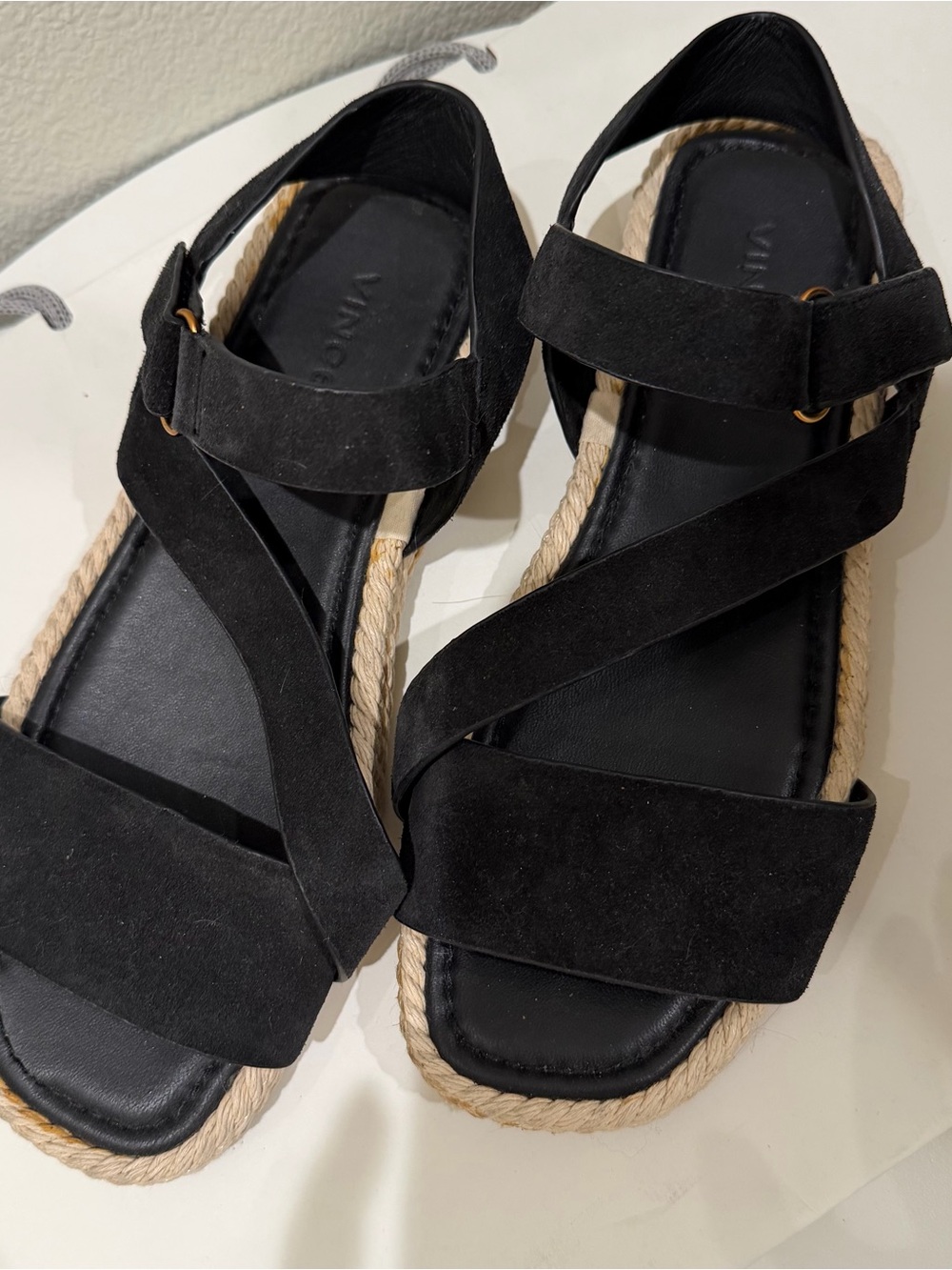 Vince Black Suede Rope-Trim Platform Sandals